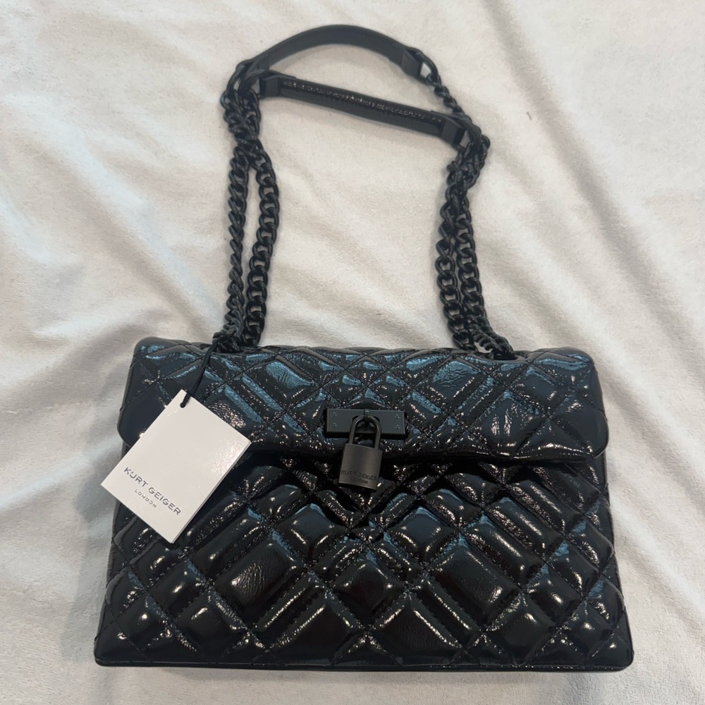 Kurt Geiger The Brixton Black Quilted Patent Shoulder Bag with Chain Strap